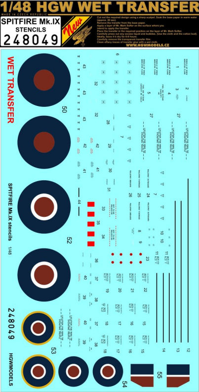 HGW 248083 1:48 Supermarine Spitfire Mk.IXC/Mk.IXE - Markings + Stencils Wet Transfers