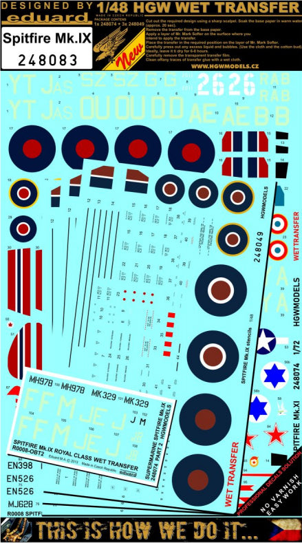 HGW 248083 1:48 Supermarine Spitfire Mk.IXC/Mk.IXE - Markings + Stencils Wet Transfers