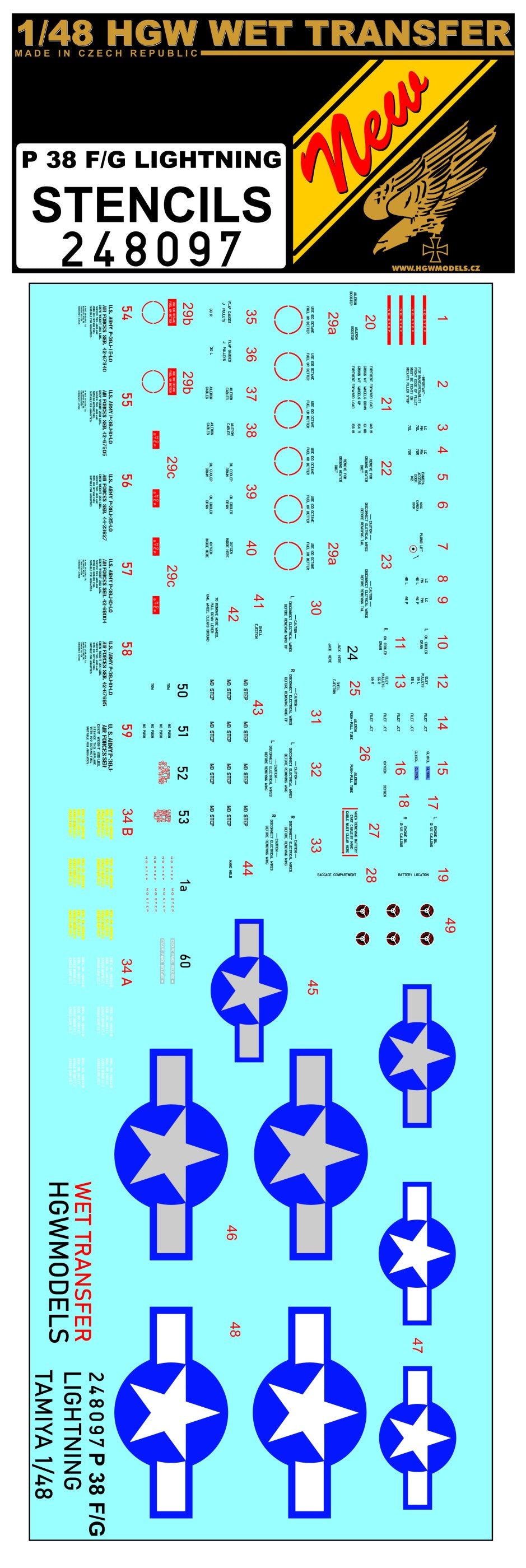 HGW 248097 1:48 Lockheed P-38F/G Lightning - Stencils