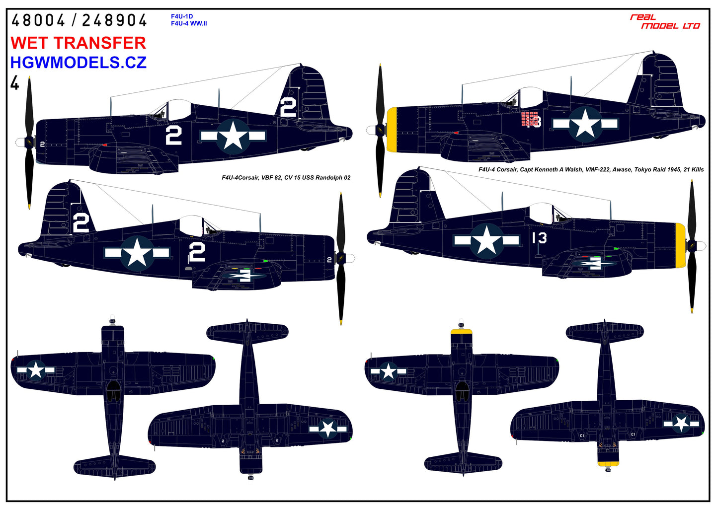 HGW 248904 1:48 Vought F4U-1D / F4U-4 Corsair WWII - Markings