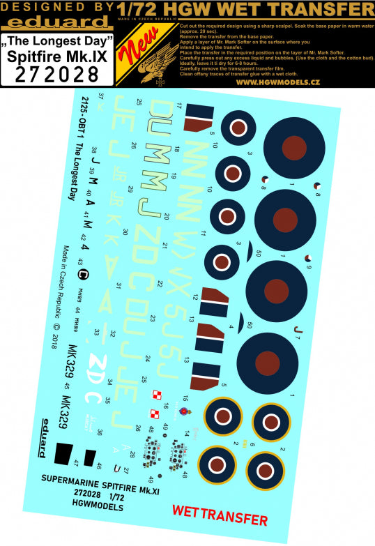 HGW 272030 1:72 Supermarine Spitfire Mk.IXC/Mk.IXE - Markings + Stencils Eduard Wet Transfers