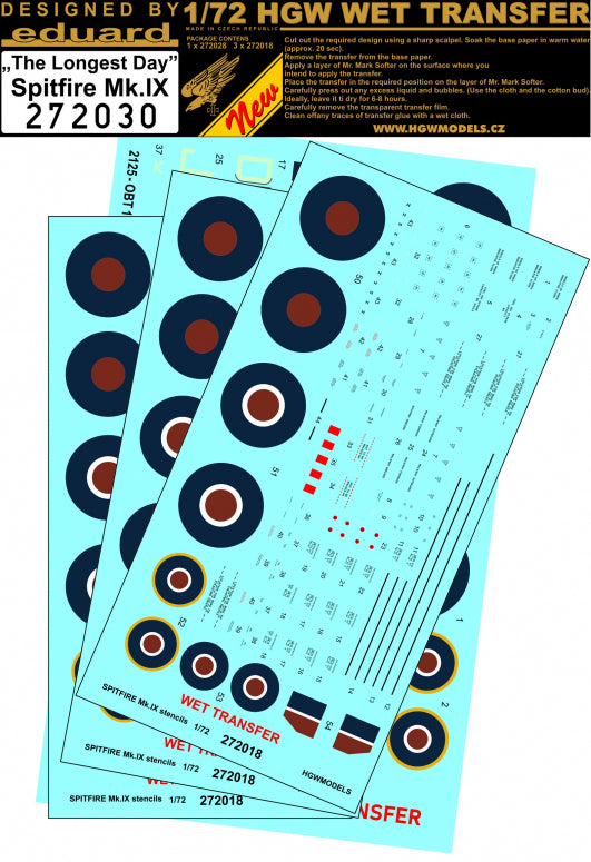 HGW 272030 1:72 Supermarine Spitfire Mk.IXC/Mk.IXE - Markings + Stencils Eduard Wet Transfers