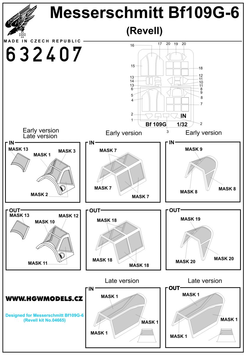 HGW 632407 1:32 Messerschmitt Bf-109G-6 Inside & Outside Canopy Mask