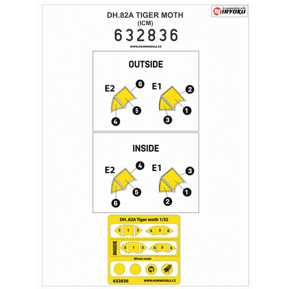 HGW 632836 1:32 de Havilland DH.82A Tiger Moth Inside & Outside Canopy & Wheels Mask