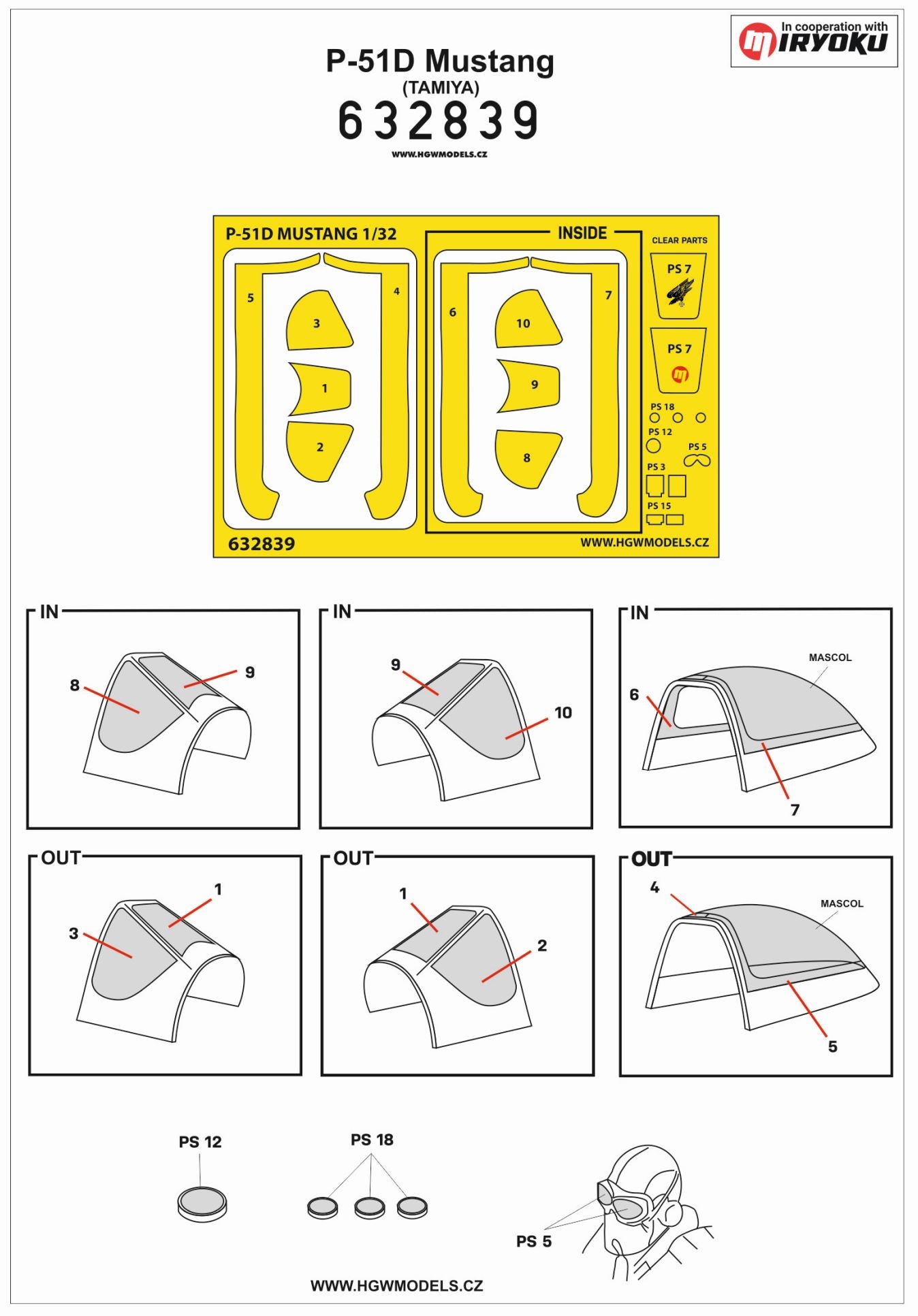 HGW 632839 1:32 North-American P-51D Mustang Inside & Outside Canopy & Wheels Mask