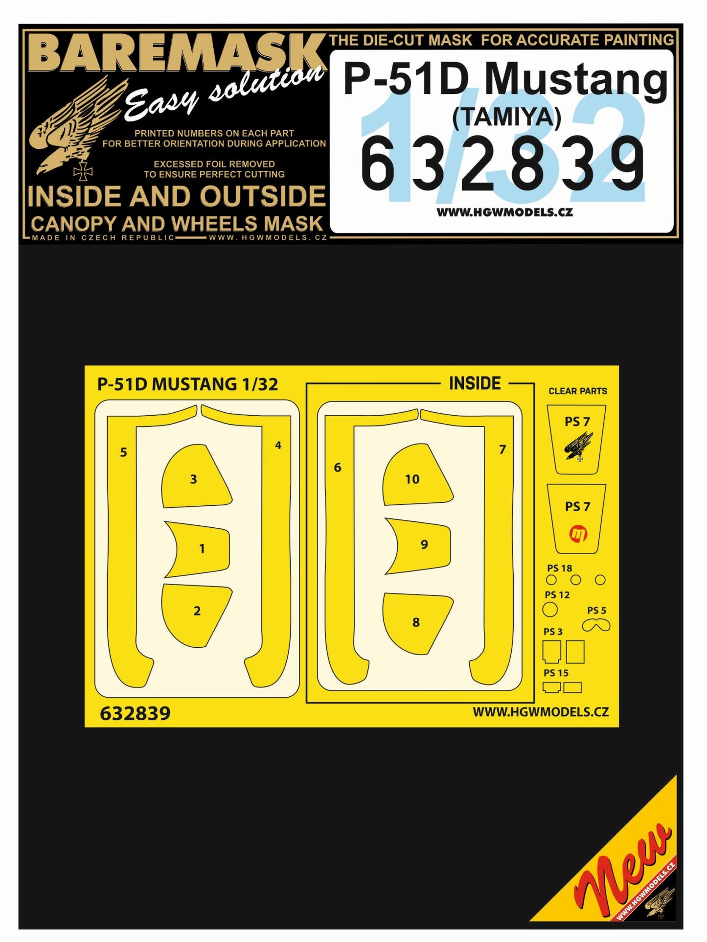 HGW 632839 1:32 North-American P-51D Mustang Inside & Outside Canopy & Wheels Mask