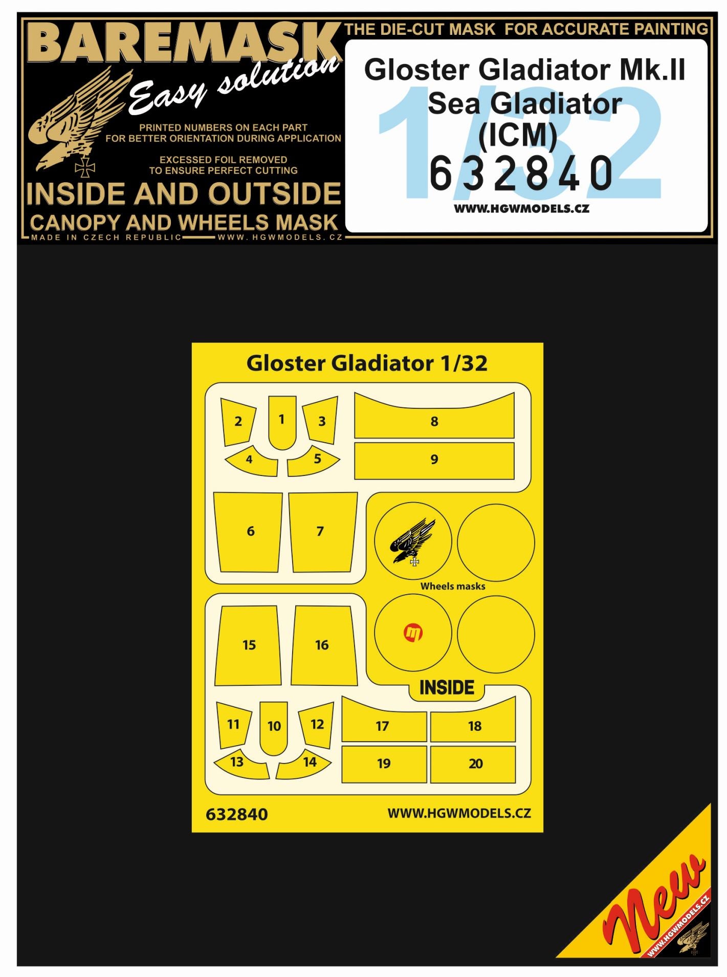 HGW 632840 1:32 Gloster Gladiator Mk.II / Sea Gladiator Inside & Outside Canopy & Wheels Mask