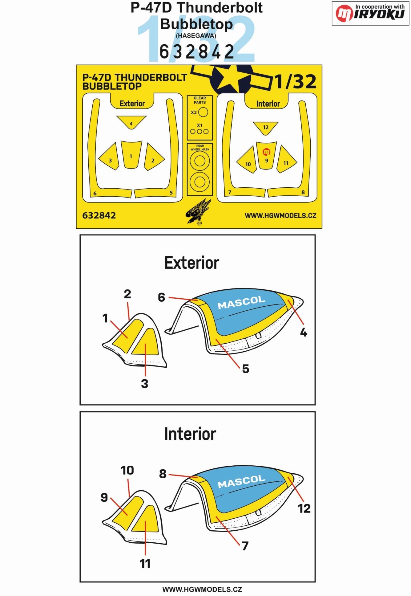 HGW 632842 1:32 Republic P-47D Thunderbolt Bubbletop Inside & Outside Canopy & Wheels Mask