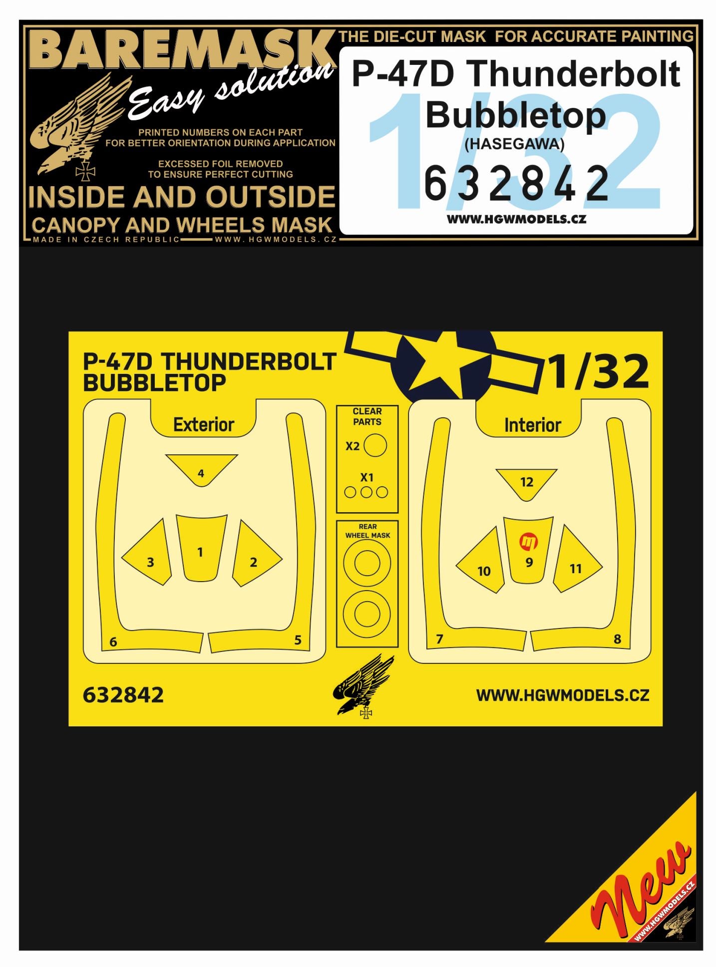 HGW 632842 1:32 Republic P-47D Thunderbolt Bubbletop Inside & Outside Canopy & Wheels Mask