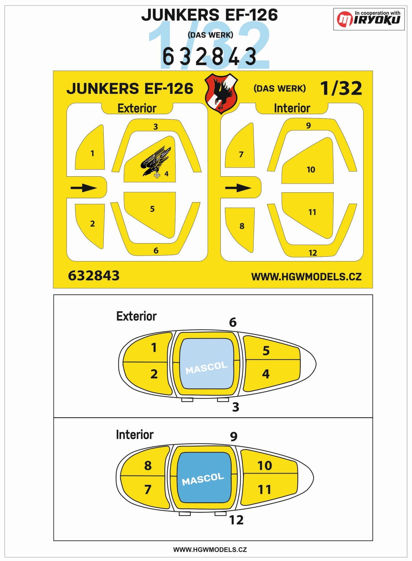 HGW 632843 1:32 Junkers EF-126 Inside & Outside Canopy & Wheels Mask