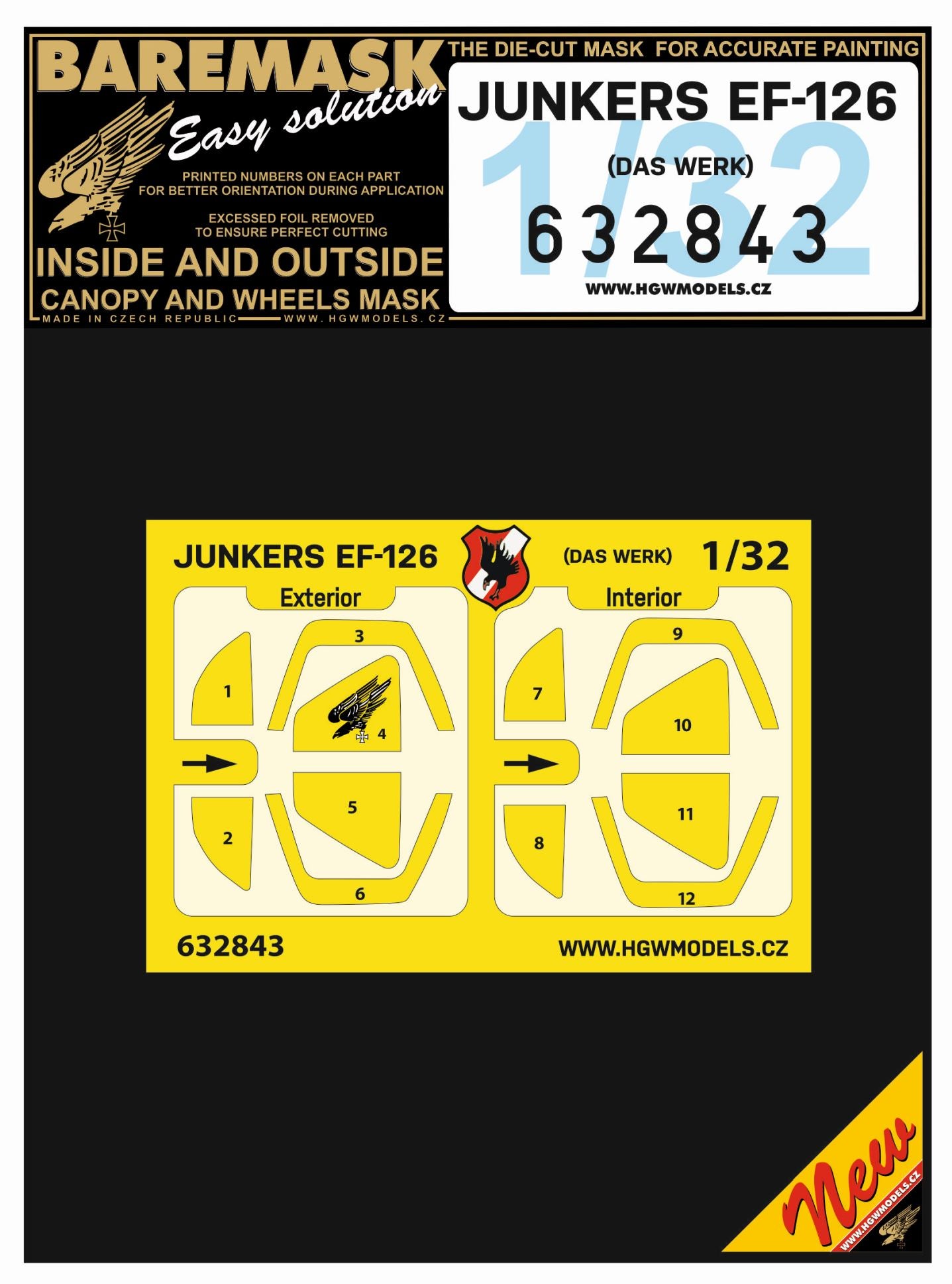 HGW 632843 1:32 Junkers EF-126 Inside & Outside Canopy & Wheels Mask