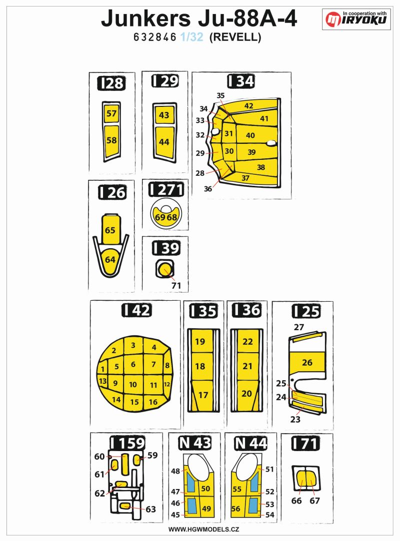 HGW 632846 1:24 Junkers Ju-88A-4 Inside & Outside Canopy & Wheels Mask