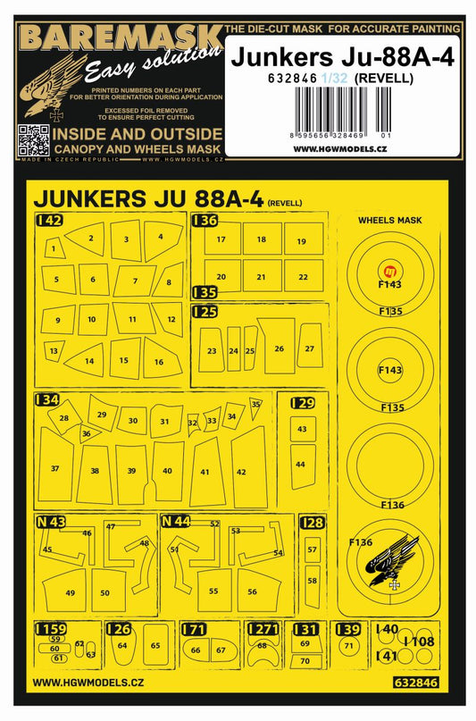 HGW 632846 1:24 Junkers Ju-88A-4 Inside & Outside Canopy & Wheels Mask