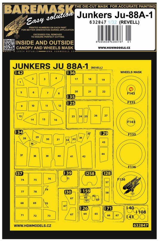 HGW 632847 1:24 Junkers Ju-88A-1 Inside & Outside Canopy & Wheels Mask