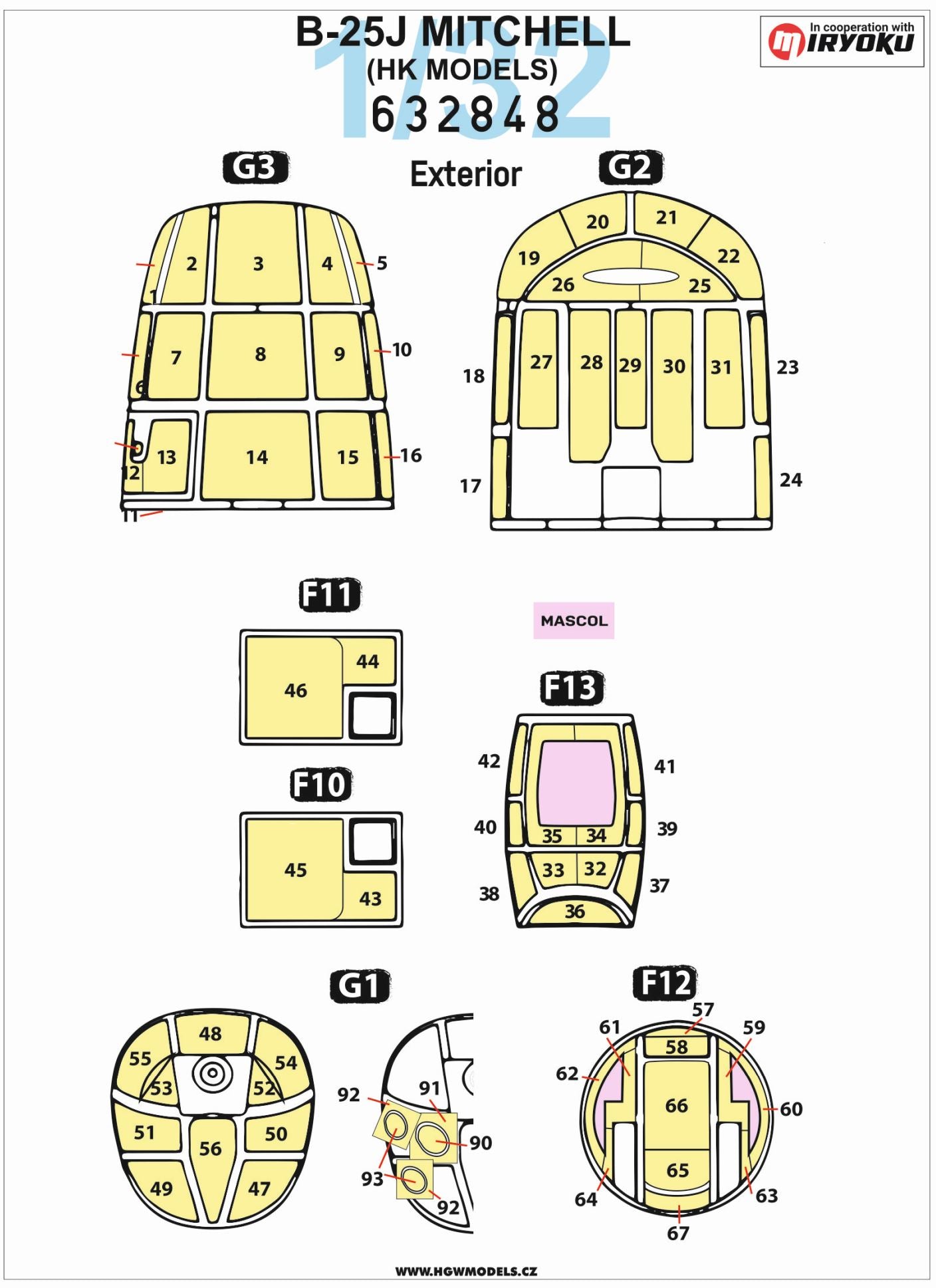 HGW 632848 1:32 North-American B-25J Mitchell Inside & Outside Canopy & Wheels Mask