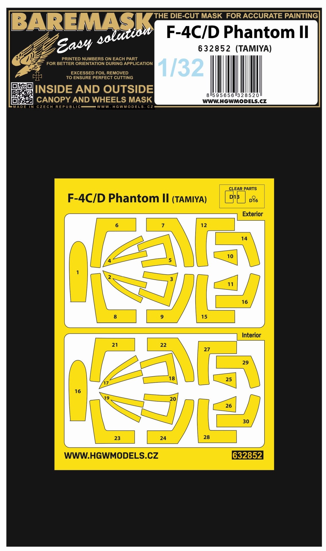 HGW 632852 1:32 McDonnell F-4C/D Phantom Inside & Outside Canopy & Wheels Mask