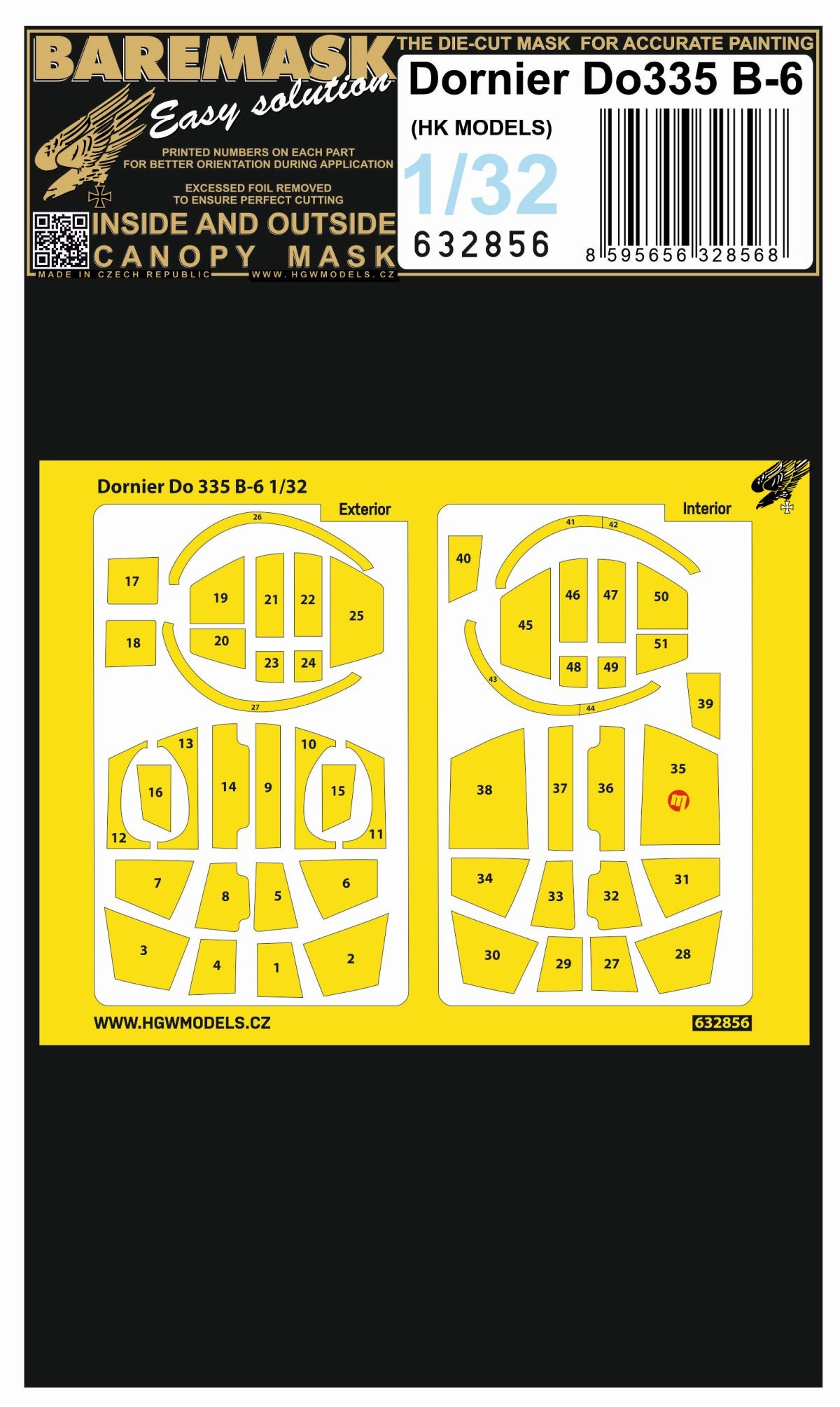 HGW 632856 1:32 Dornier Do-335B-6 Inside & Outside Canopy Mask