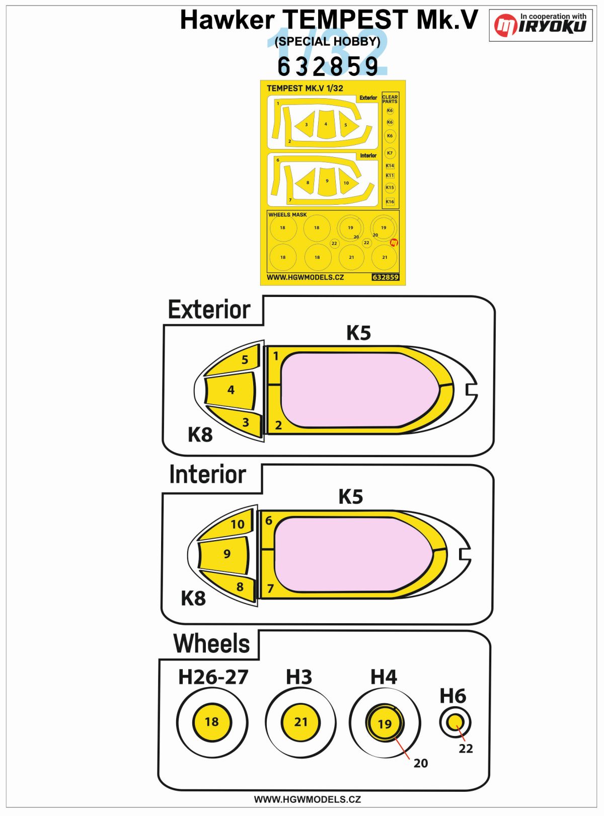 HGW 632859 1:32 Hawker Tempest Mk.V Inside & Outside Canopy & Wheels Mask