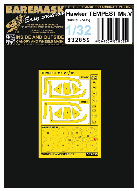 HGW 632859 1:32 Hawker Tempest Mk.V Inside & Outside Canopy & Wheels Mask