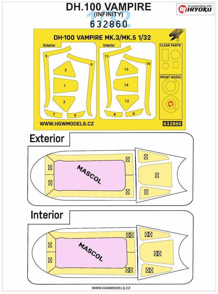 HGW 632860 1:32 de Havilland DH-100 Vampire Mk.3/Mk.5 Inside & Outside Canopy & Wheels Mask