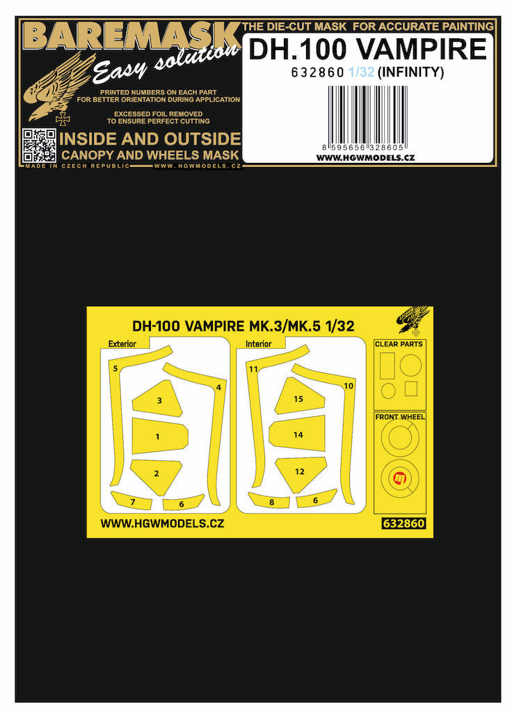 HGW 632860 1:32 de Havilland DH-100 Vampire Mk.3/Mk.5 Inside & Outside Canopy & Wheels Mask