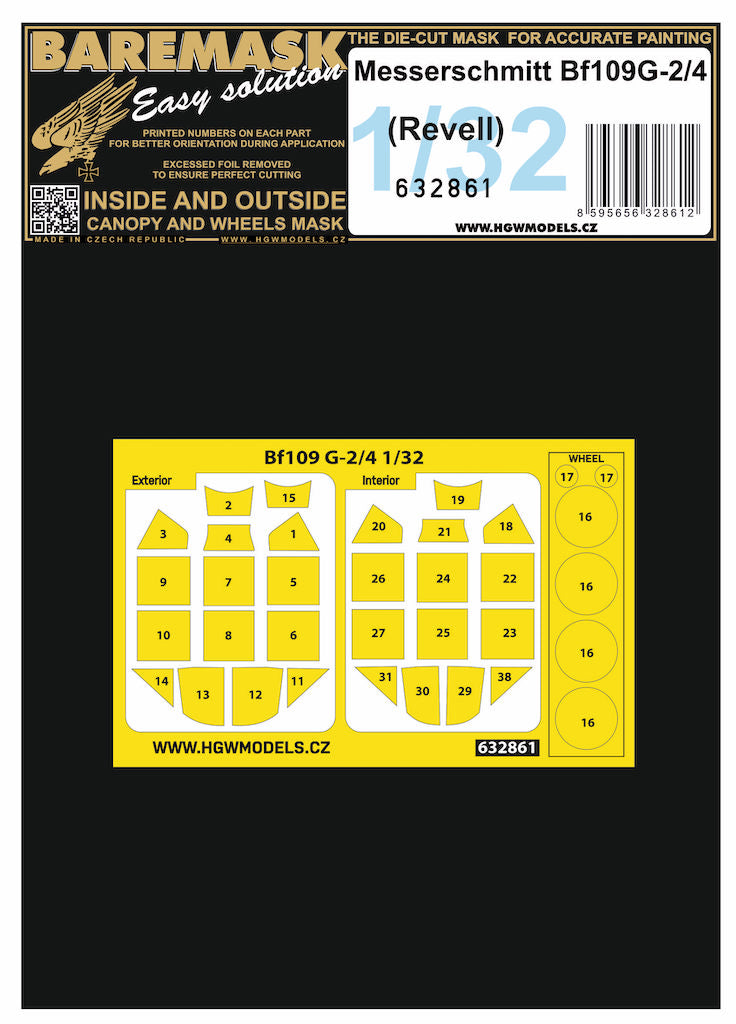 HGW 632861 1:32 Messerschmitt Bf-109G-2/4 Inside & Outside Canopy & Wheels Mask