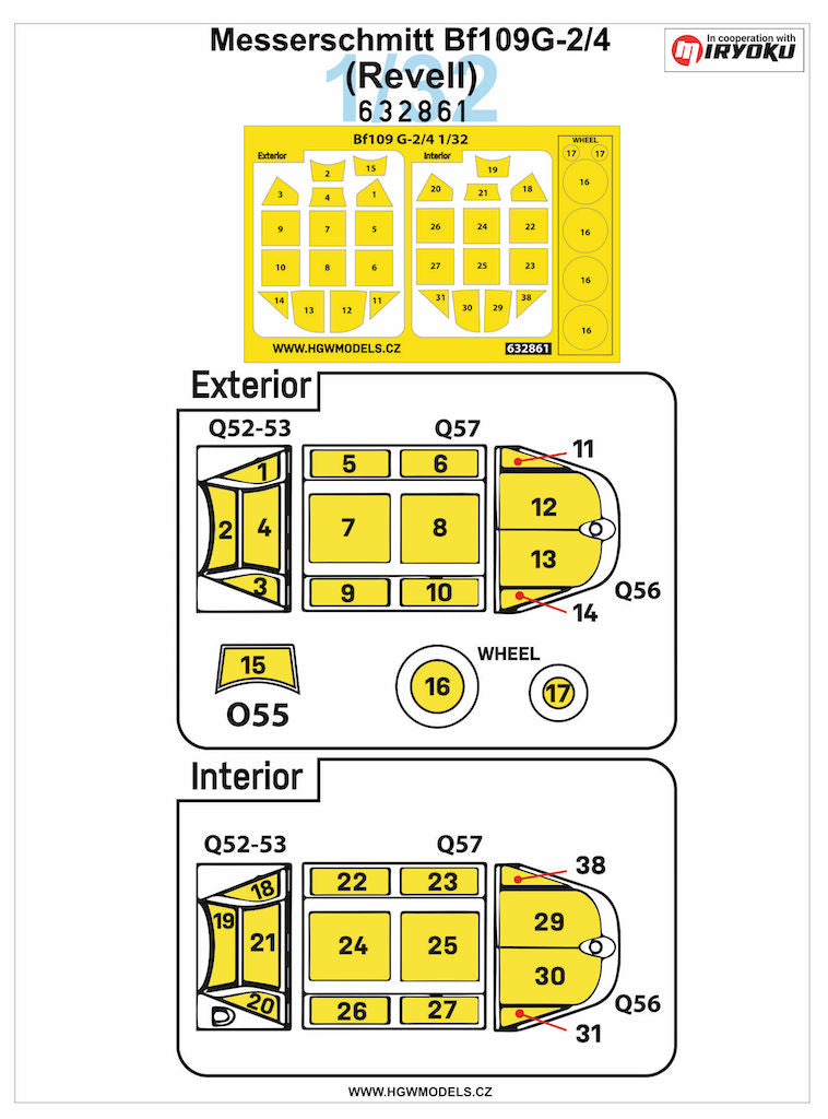 HGW 632861 1:32 Messerschmitt Bf-109G-2/4 Inside & Outside Canopy & Wheels Mask
