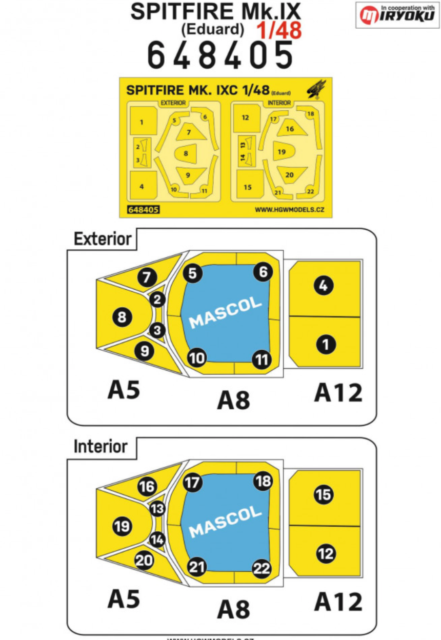 HGW 648405 1:48 Supermarine Spitfire MK.IXc/Mk.IXe Inside & Outside Canopy & Wheels Mask