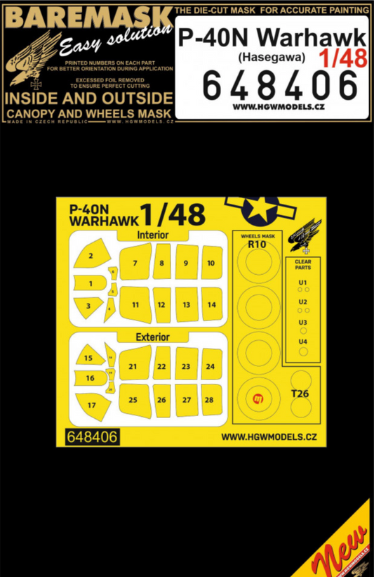 HGW 648406 1:48 Curtiss P-40N Warhawk Inside & Outside Canopy & Wheels Mask