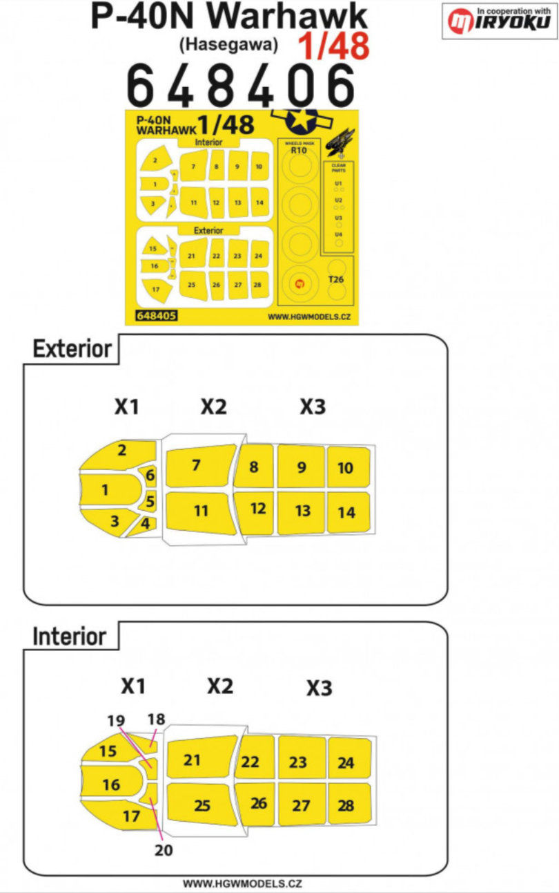 HGW 648406 1:48 Curtiss P-40N Warhawk Inside & Outside Canopy & Wheels Mask