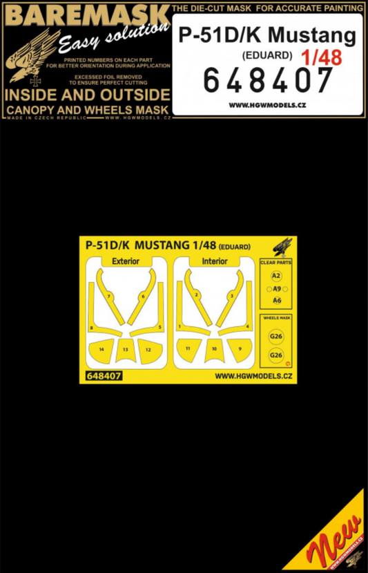 HGW 648407 1:48 North-American P-51D/K Mustang Inside & Outside Canopy & Wheels Mask