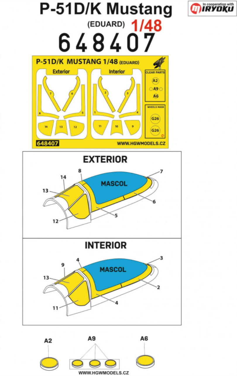 HGW 648407 1:48 North-American P-51D/K Mustang Inside & Outside Canopy & Wheels Mask