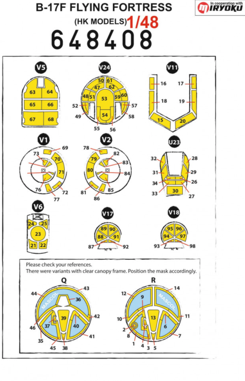 HGW 648408 1:48 B-17F  wheels and canopy frame paint mask