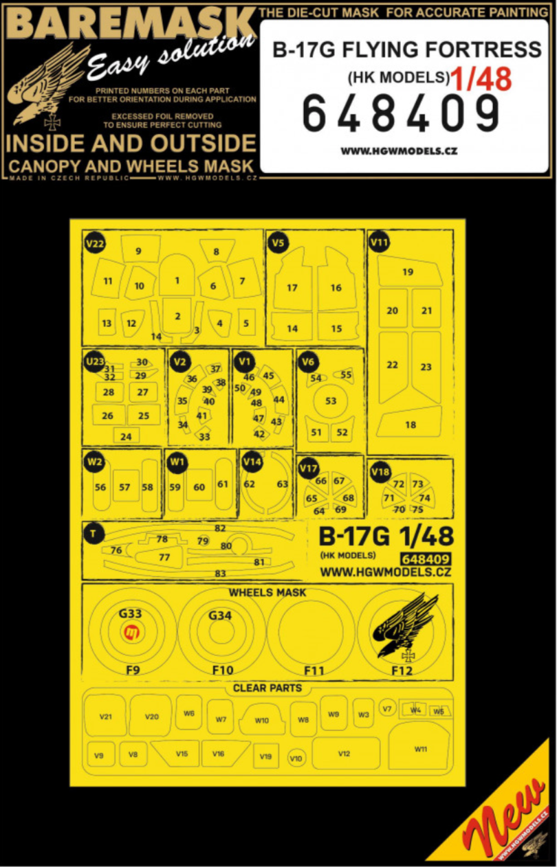 HGW 648409 1:48 Boeing B-17G wheels and canopy frame paint mask (outside only)