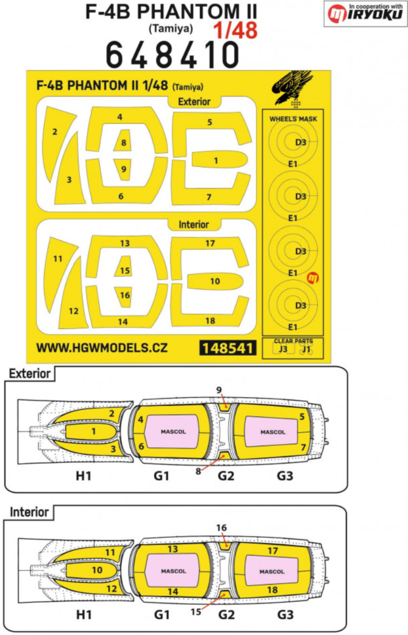 HGW 648410 1:48 McDonnell F-4B Phantom II Inside & Outside Canopy & Wheels Mask