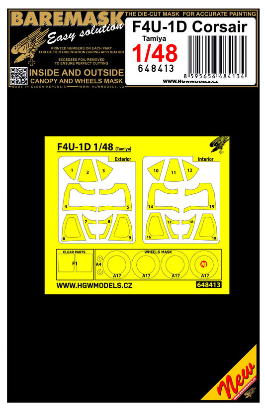 HGW 648413 1:48 Vought F4U-1D Corsair Inside & Outside Canopy & Wheels Mask