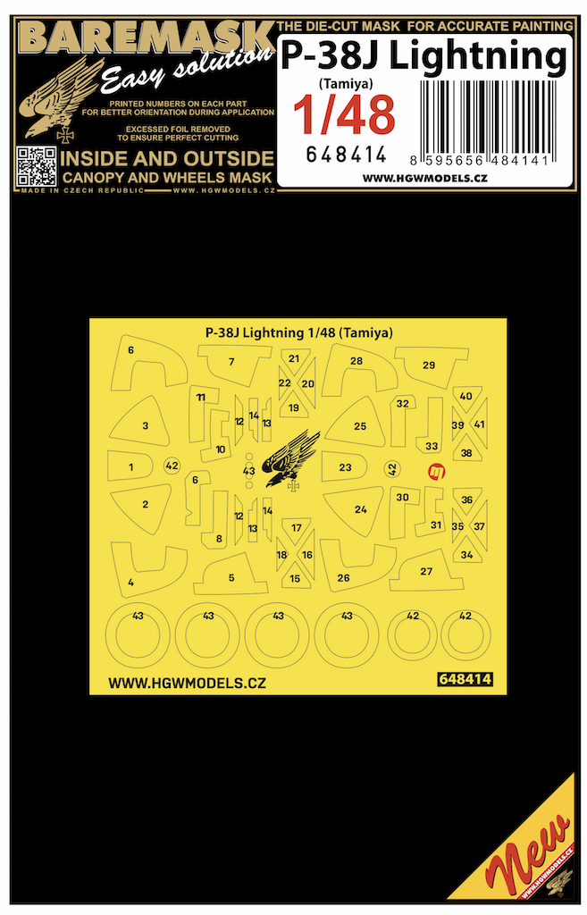 HGW 648414 1:48 Lockheed P-38J Lightning Inside & Outside Canopy & Wheels Mask