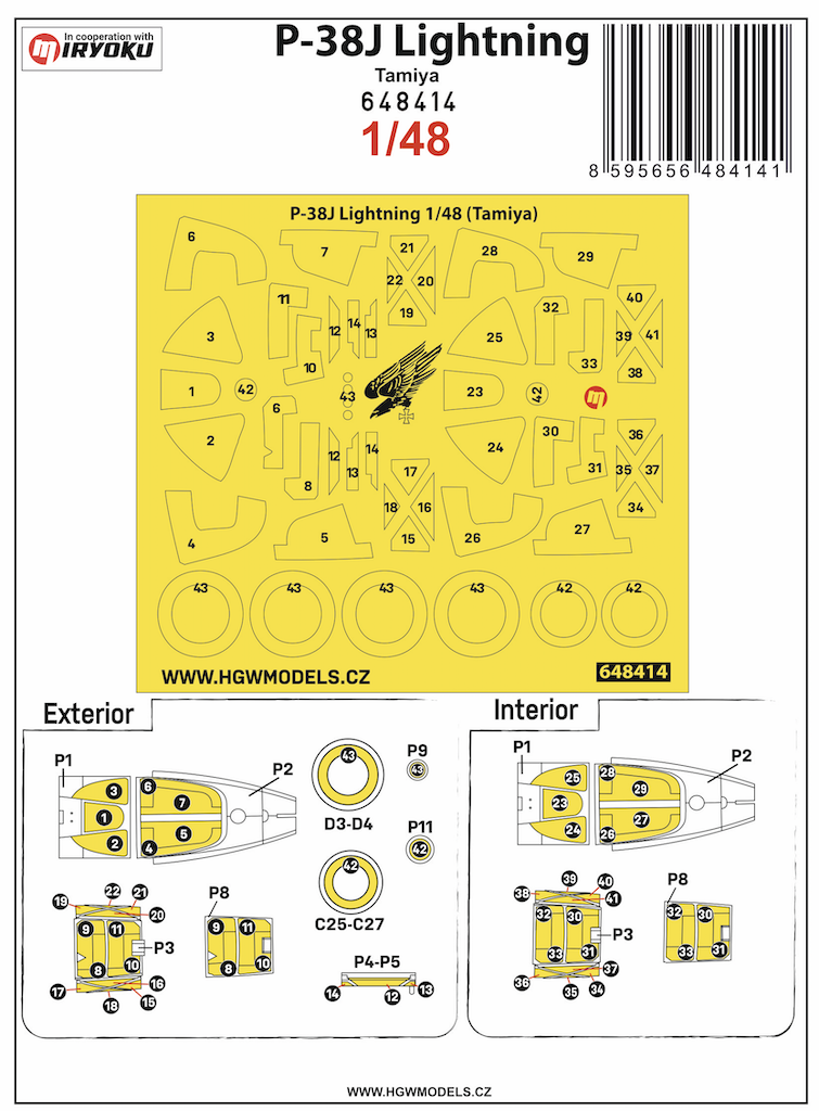 HGW 648414 1:48 Lockheed P-38J Lightning Inside & Outside Canopy & Wheels Mask