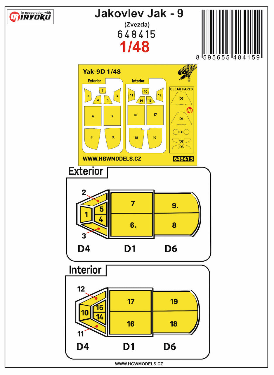 HGW 648415 1:48 Yakovlev Yak-9 Inside & Outside Canopy & Wheels Mask