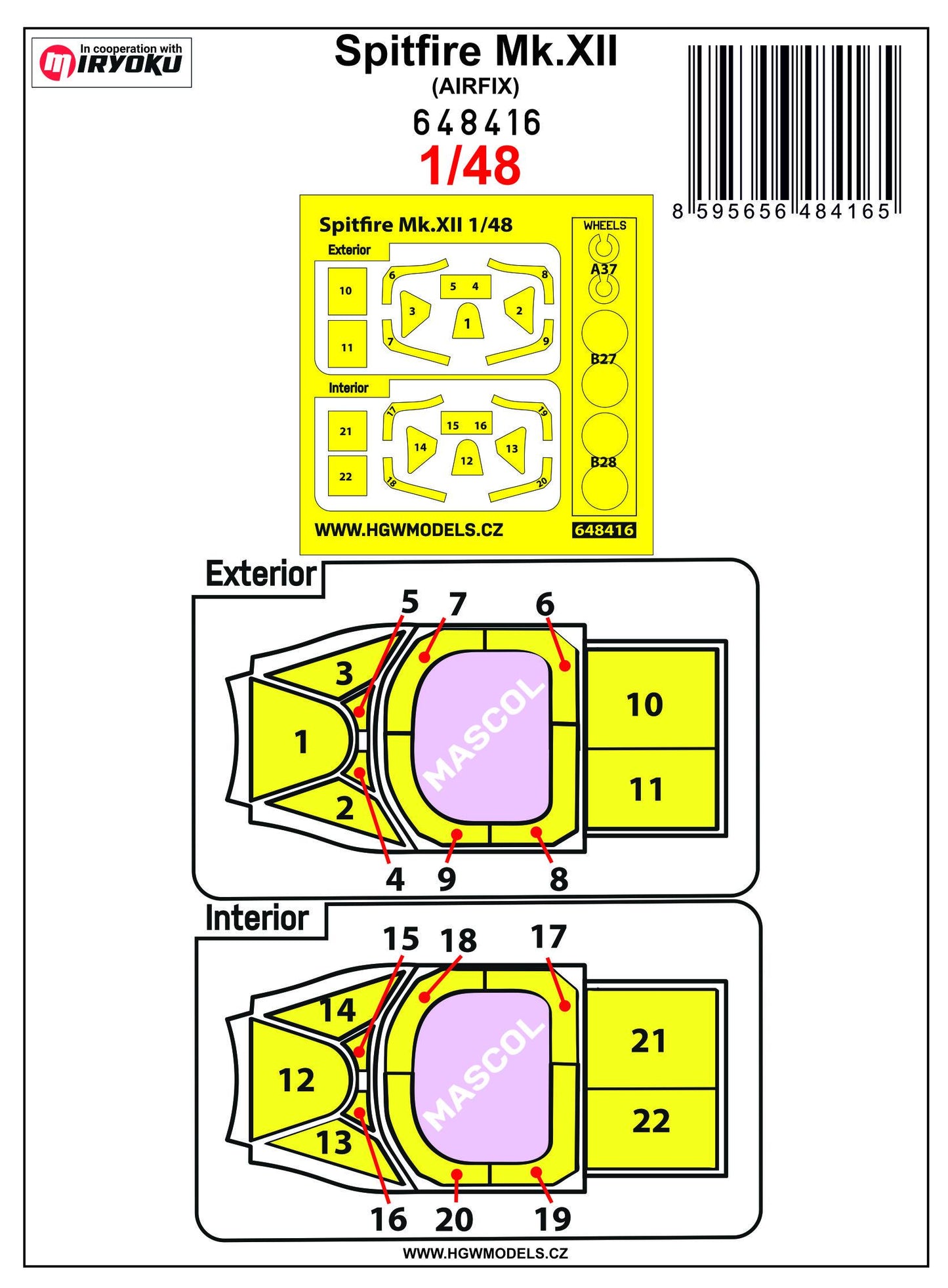 HGW 648416 1:48 Supermarine Spitfire Mk.XII Inside & Outside Canopy & Wheels Mask