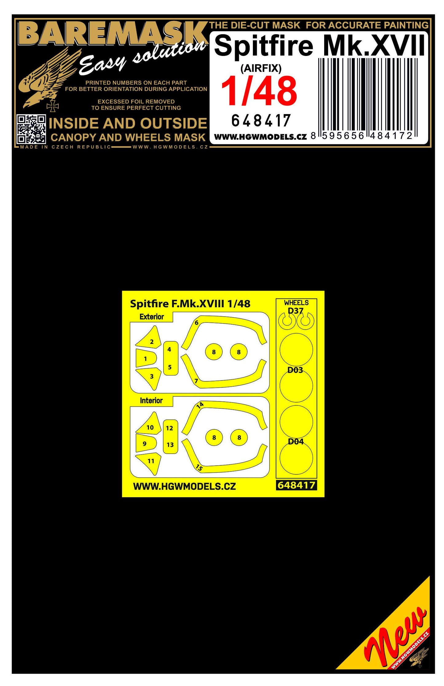 HGW 648417 1:48 Supermarine Spitfire Mk.XVII Inside & Outside Canopy & Wheels Mask