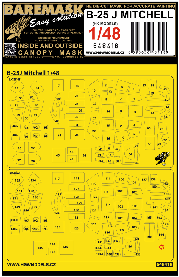 HGW 648418 1:48 North-American B-25J Mitchell Inside & Outside Canopy Mask