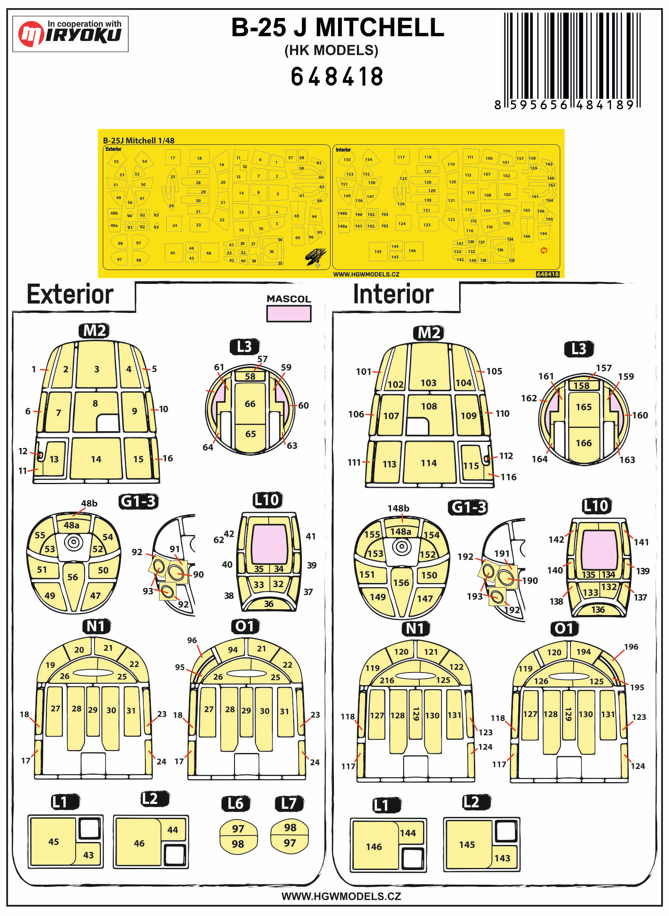 HGW 648418 1:48 North-American B-25J Mitchell Inside & Outside Canopy Mask