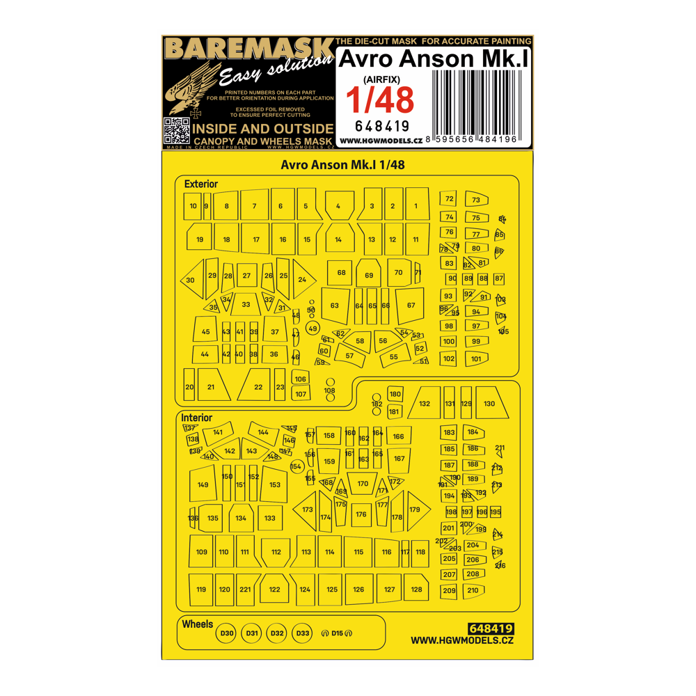 HGW 648419 1:48 Avro Anson MK.I Inside & Outside Canopy & Wheels Mask