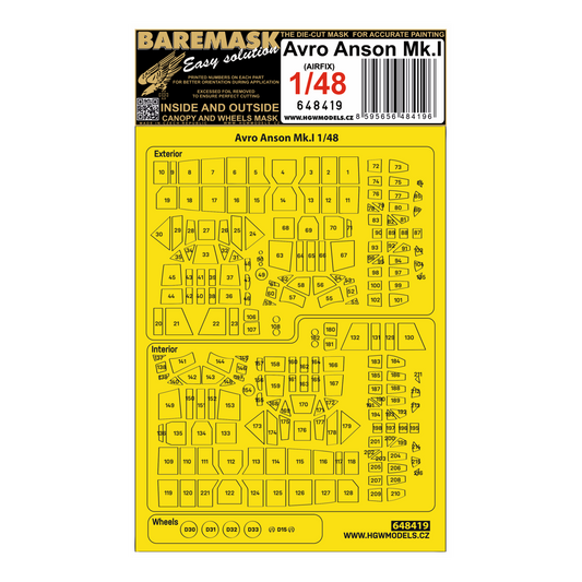 HGW 648419 1:48 Avro Anson MK.I Inside & Outside Canopy & Wheels Mask