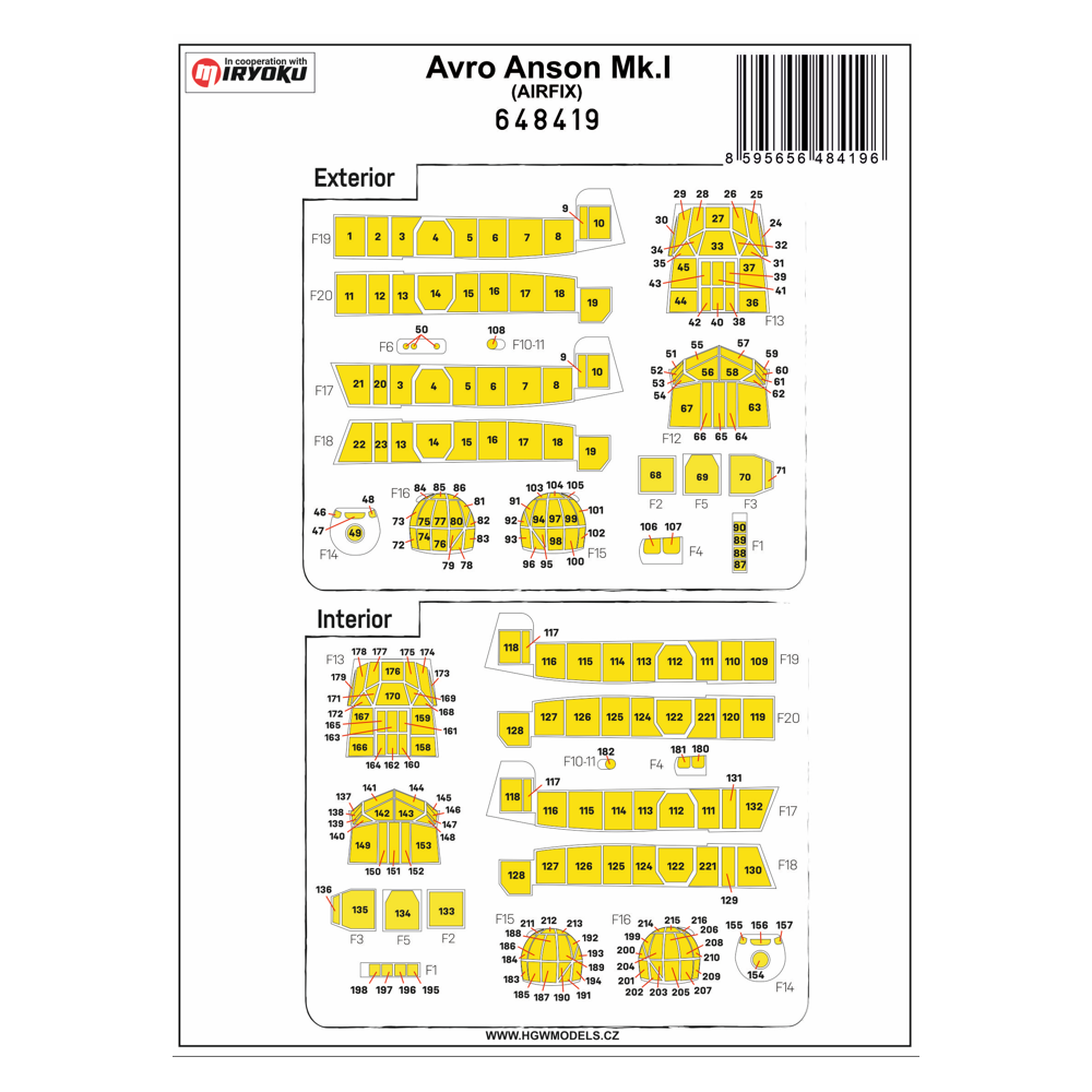 HGW 648419 1:48 Avro Anson MK.I Inside & Outside Canopy & Wheels Mask