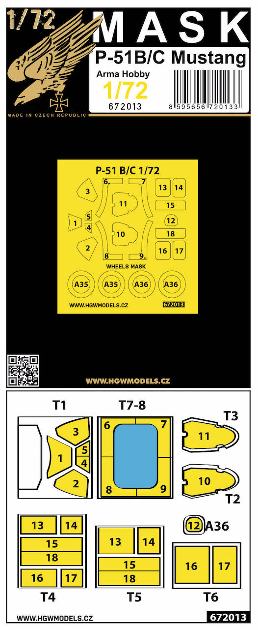 HGW 672013 1:72 North-American P-51B/P-51C Mustang Masking Set