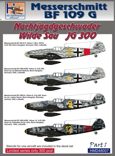 H-Model Decals HMD48007 1:48 Messerschmitt Bf-109G Nachtjagdgeschwader Wilde Sau Jagdgeschwader JG 300, Pt.1