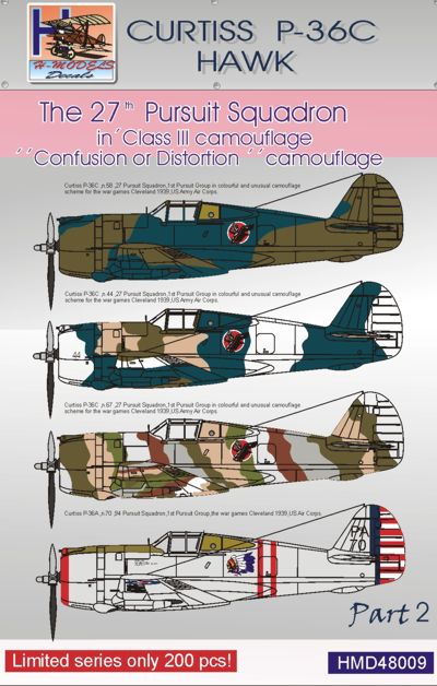 H-Model Decals HMD48009 1:48 P-36C Hawk USAAF.3=27th Pursuit Squadron, in Class III Confusion or Distortion Camouflage. USAAF Pt.2