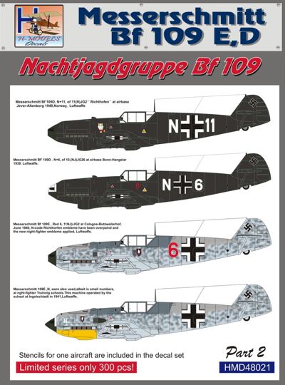 H-Model Decals HMD48021 1:48 Messerschmitt Bf-109E/Bf-109D Nachtjagdgruppe Messerschmitt Bf-109, Pt.2